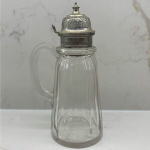 Antique Clear Ribbed Glass Syrup Pitcher with Hinged Pewter Lid 1872
